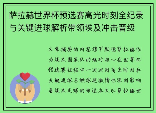 萨拉赫世界杯预选赛高光时刻全纪录与关键进球解析带领埃及冲击晋级