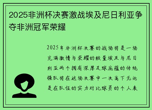 2025非洲杯决赛激战埃及尼日利亚争夺非洲冠军荣耀