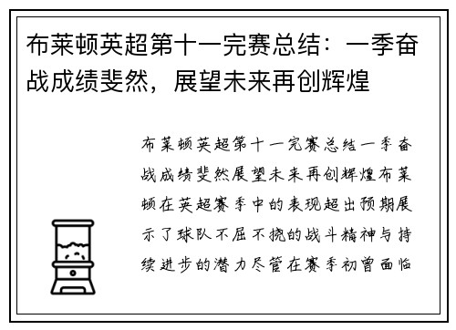 布莱顿英超第十一完赛总结：一季奋战成绩斐然，展望未来再创辉煌