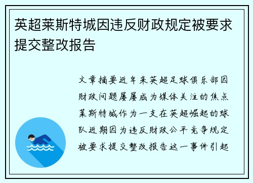 英超莱斯特城因违反财政规定被要求提交整改报告