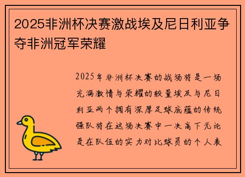2025非洲杯决赛激战埃及尼日利亚争夺非洲冠军荣耀